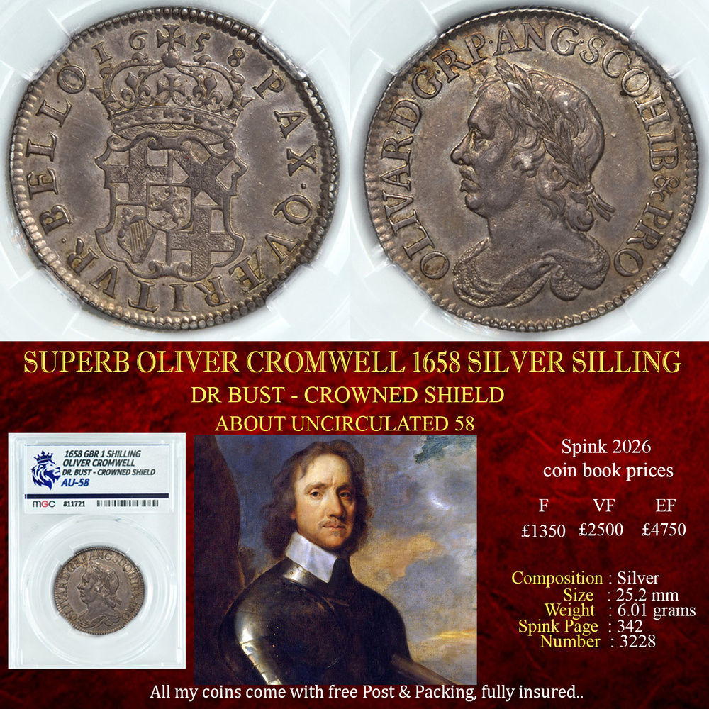 SUPERB OLIVER CROMWELL 1658 SILVER SHILLING AU58