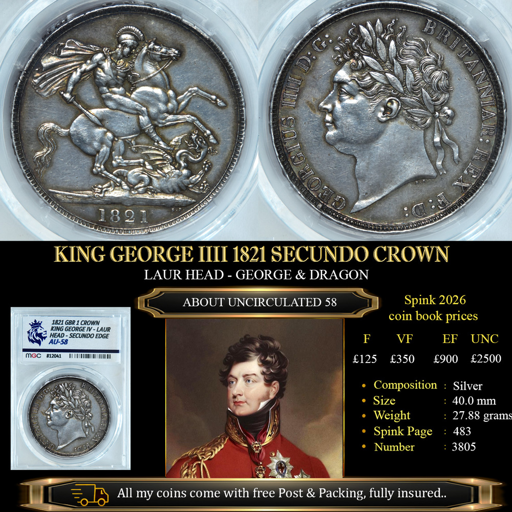 NICE KING GEORGE IIII 1821 SECUNDO CROWN AU58