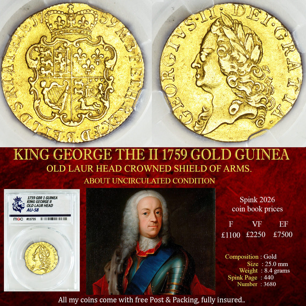 KING GEORGE THE II 1759 GOLD GUINEA - AU58
