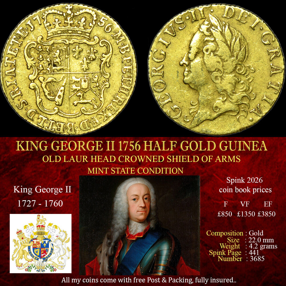 KING GEORGE II 1756 HALF GOLD GUINEA