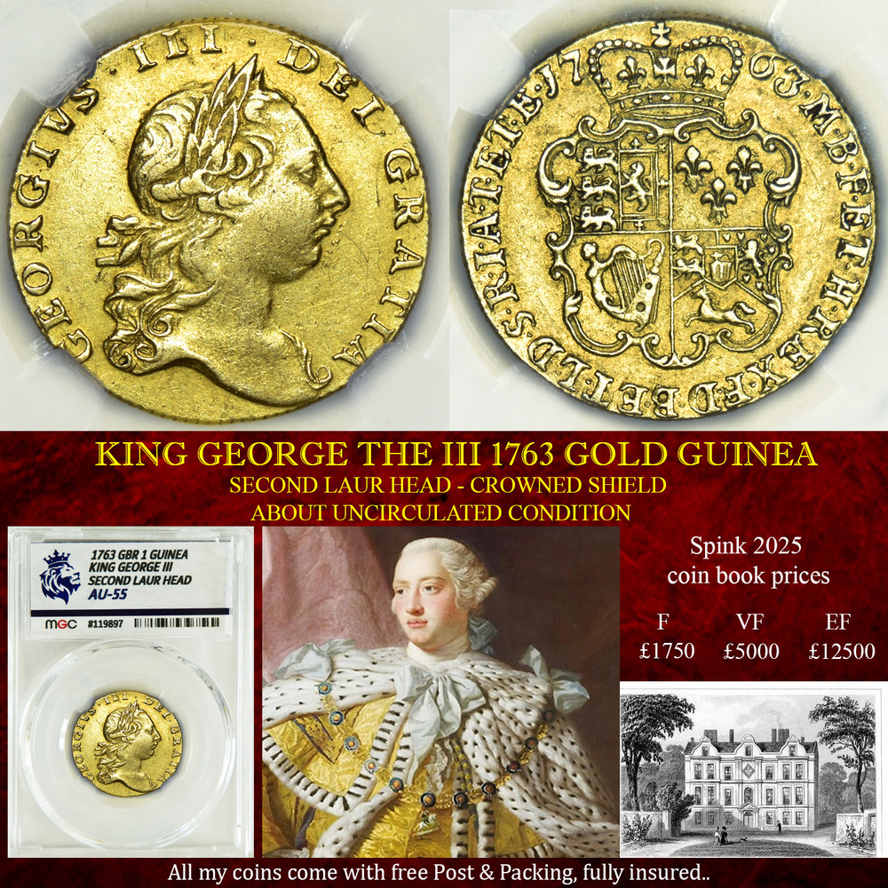 EXCELLENT KING GEORGE THE III 1763 GOLD GUINEA - AU55