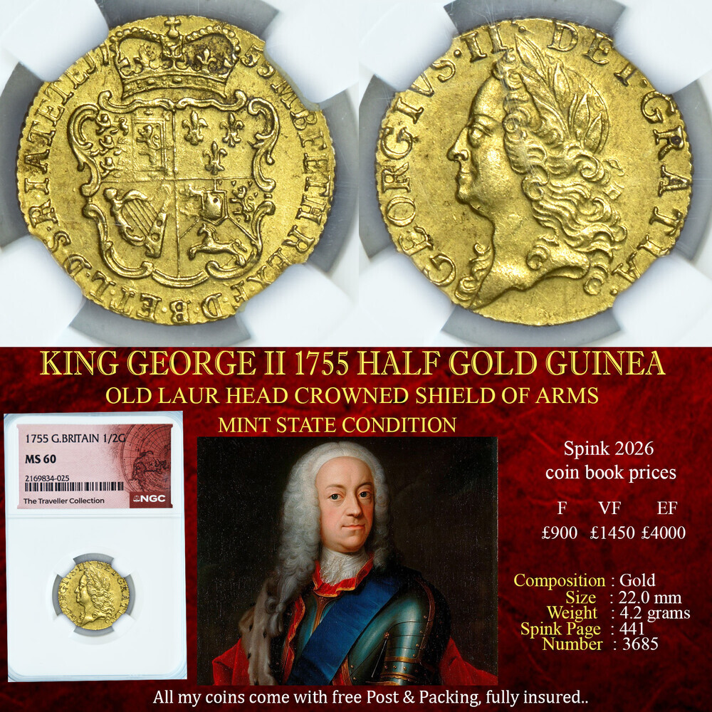 KING GEORGE II 1755 HALF GOLD GUINEA MS60