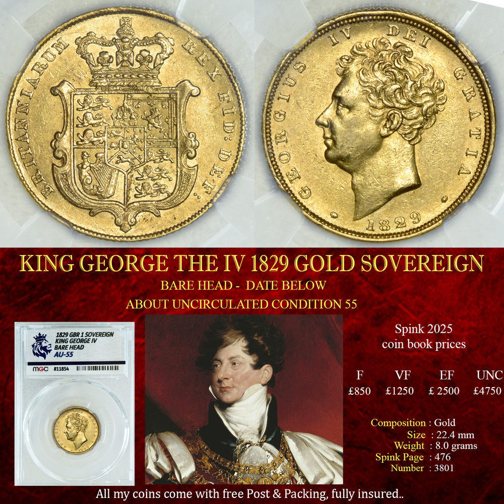 KING GEORGE THE IV 1829 GOLD SOVEREIGN AU55