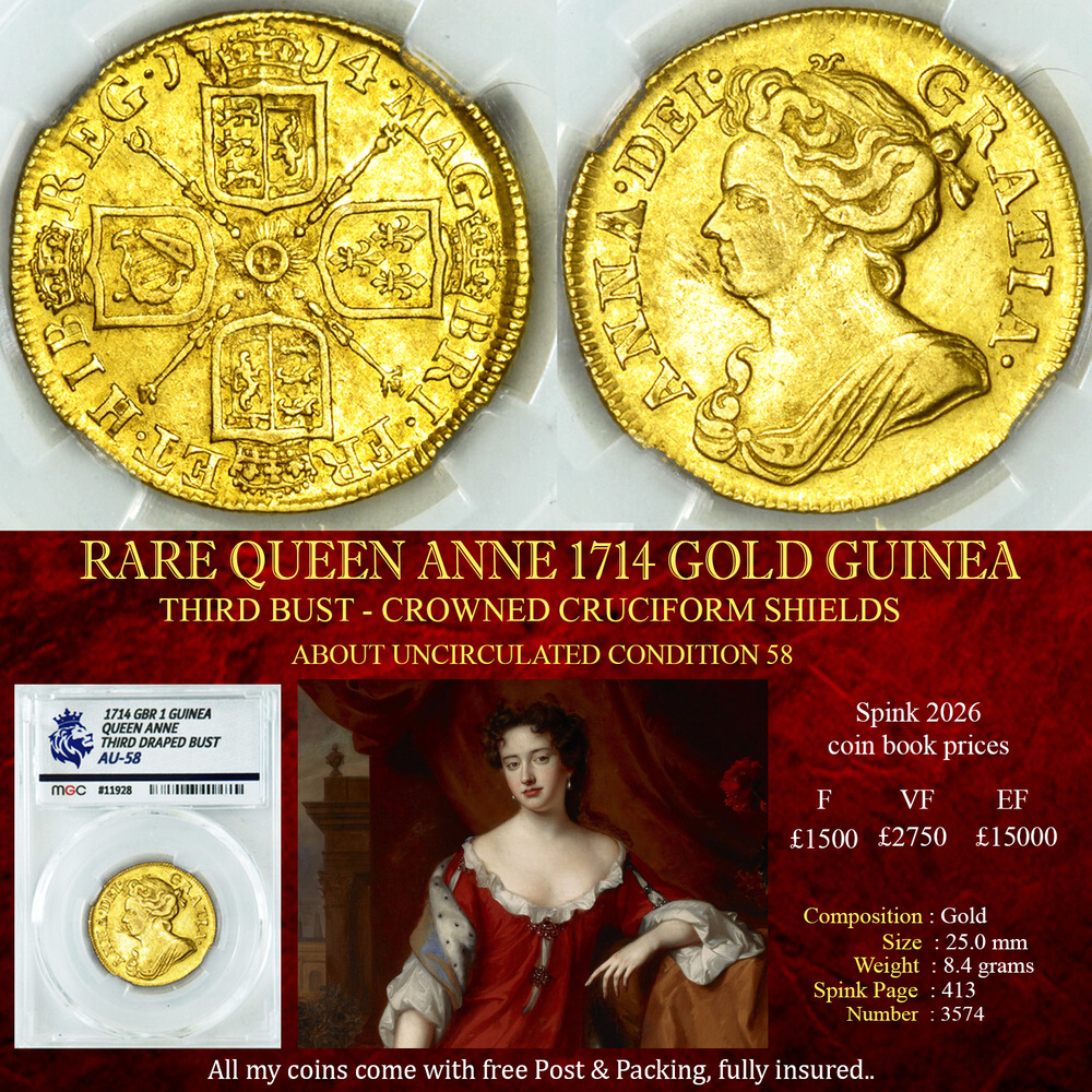 RARE QUEEN ANNE 1714 GOLD GUINEA - AU58