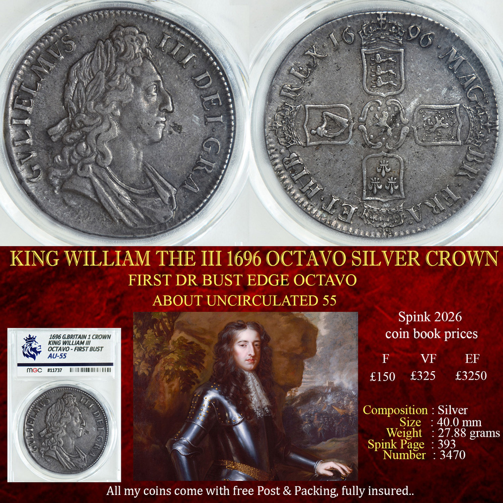 KING WILLIAM THE III 1696 OCTAVO SILVER CROWN AU55