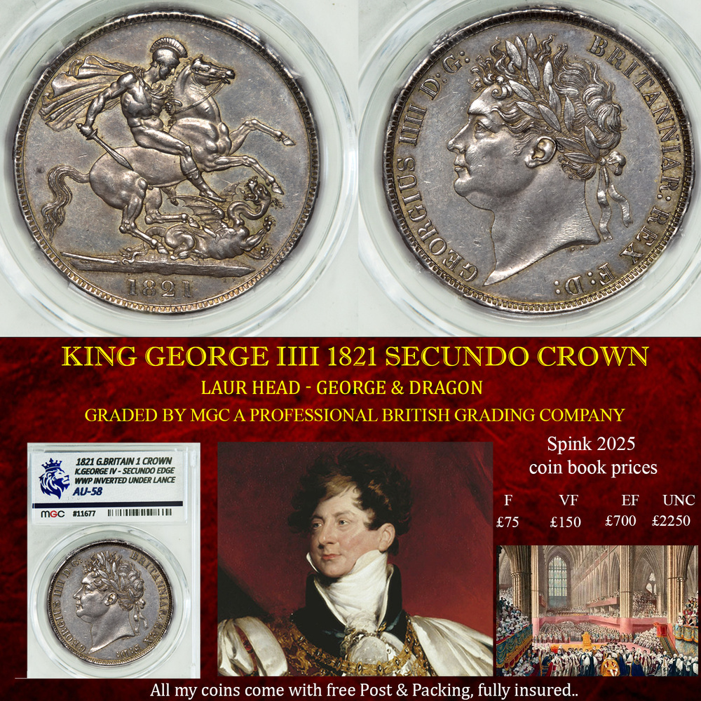 KING GEORGE IIII 1821 SECUNDO CROWN AU58