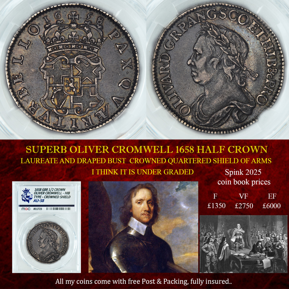 SUPERB OLIVER CROMWELL 1658 HALF CROWN AU58