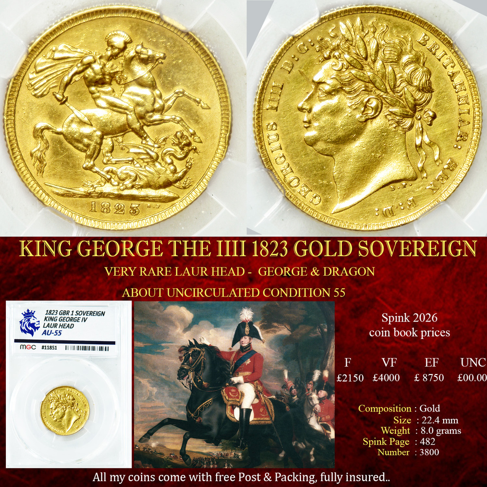 VERY RARE KING GEORGE THE IIII 1823 GOLD SOVEREIGN AU55