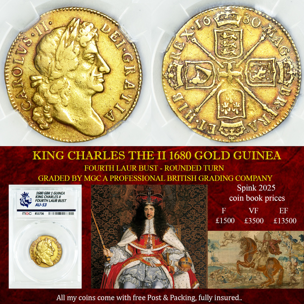 KING CHARLES THE II 1680 GOLD GUINEA - AU53