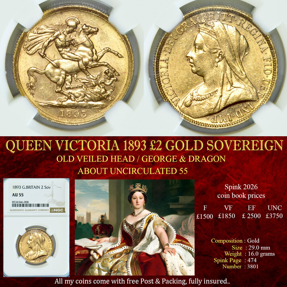 QUEEN VICTORIA 1893 GOLD £2 SOVEREIGN NGC AU55