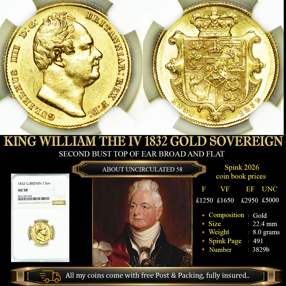 KING WILLIAM THE IV 1832 GOLD SOVEREIGN AU58