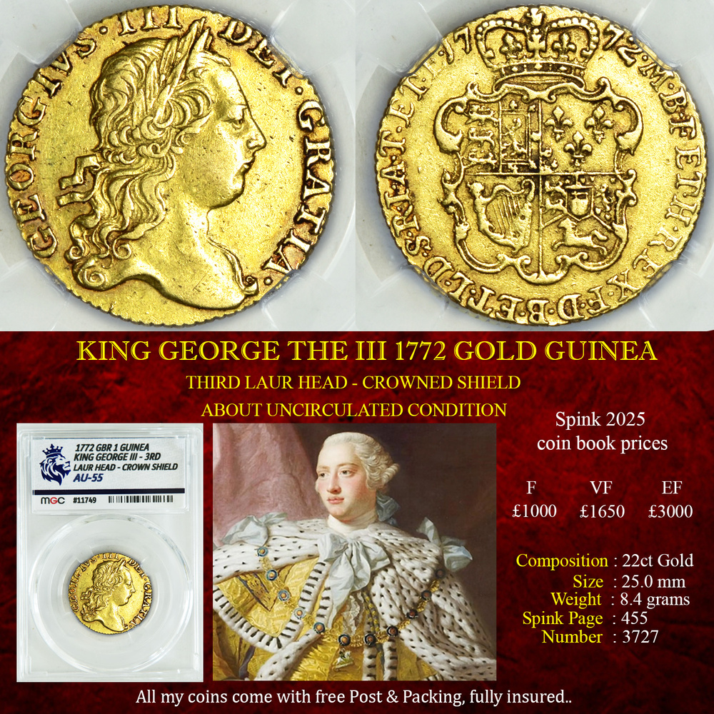 SUPERB KING GEORGE THE III 1772 GOLD GUINEA - AU55