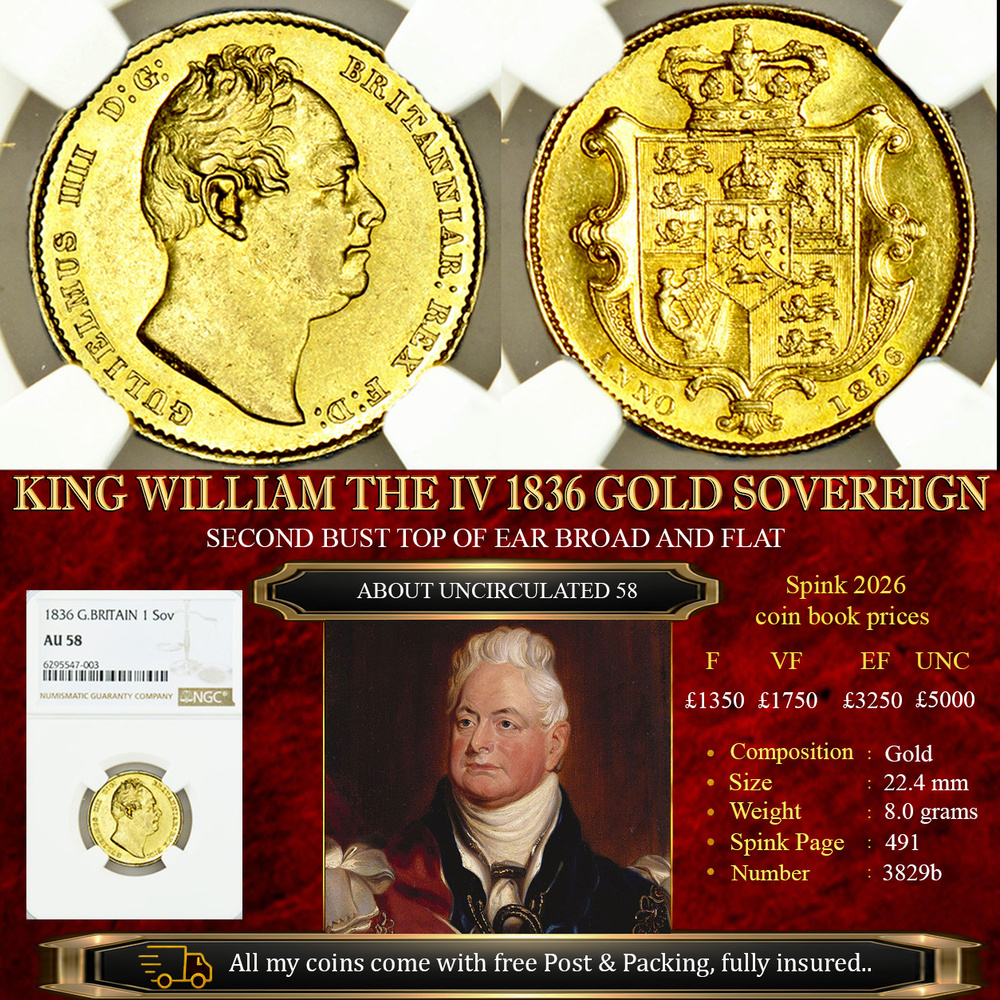 KING WILLIAM THE IV 1836 GOLD SOVEREIGN AU58