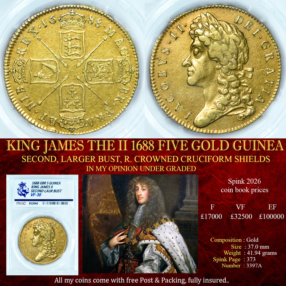 KING JAMES THE II 1688 FIVE GOLD GUINEA VF30