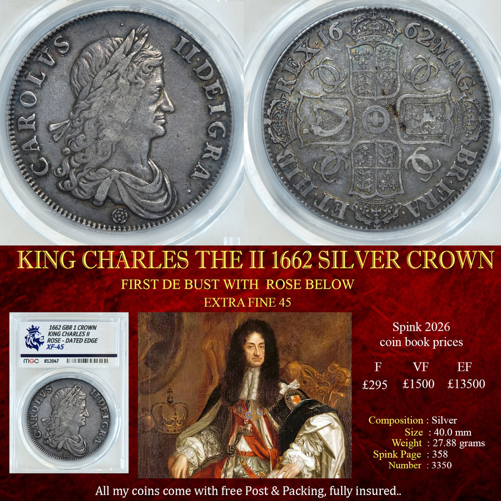 BETTER KING CHARLES THE II 1662 SILVER CROWN XF45