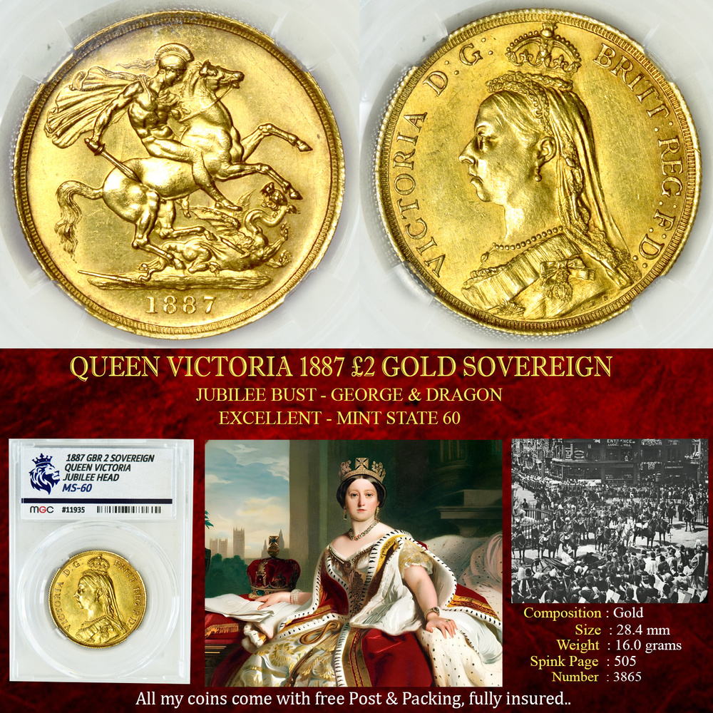 QUEEN VICTORIA 1887 £2 GOLD SOVEREIGN MS60