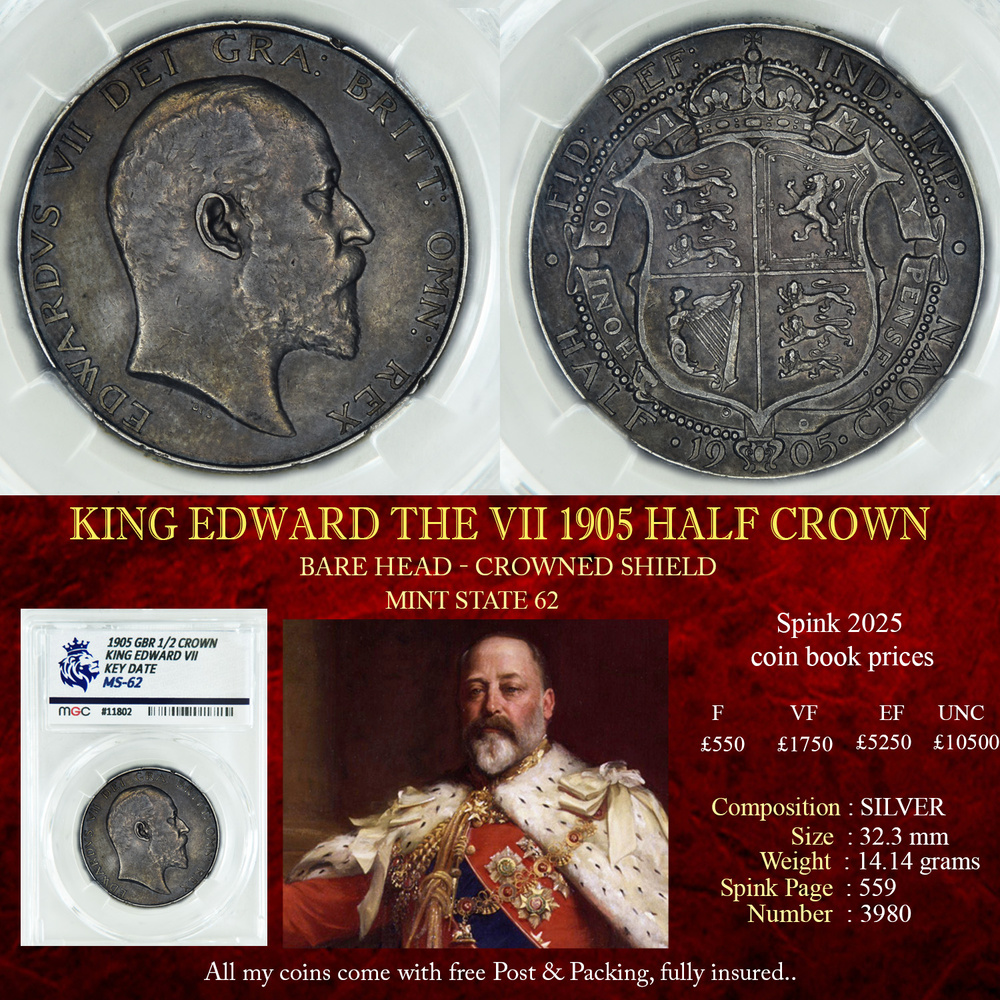 VERY RARE KING EDWARD THE VIII 1905 HALF CROWN