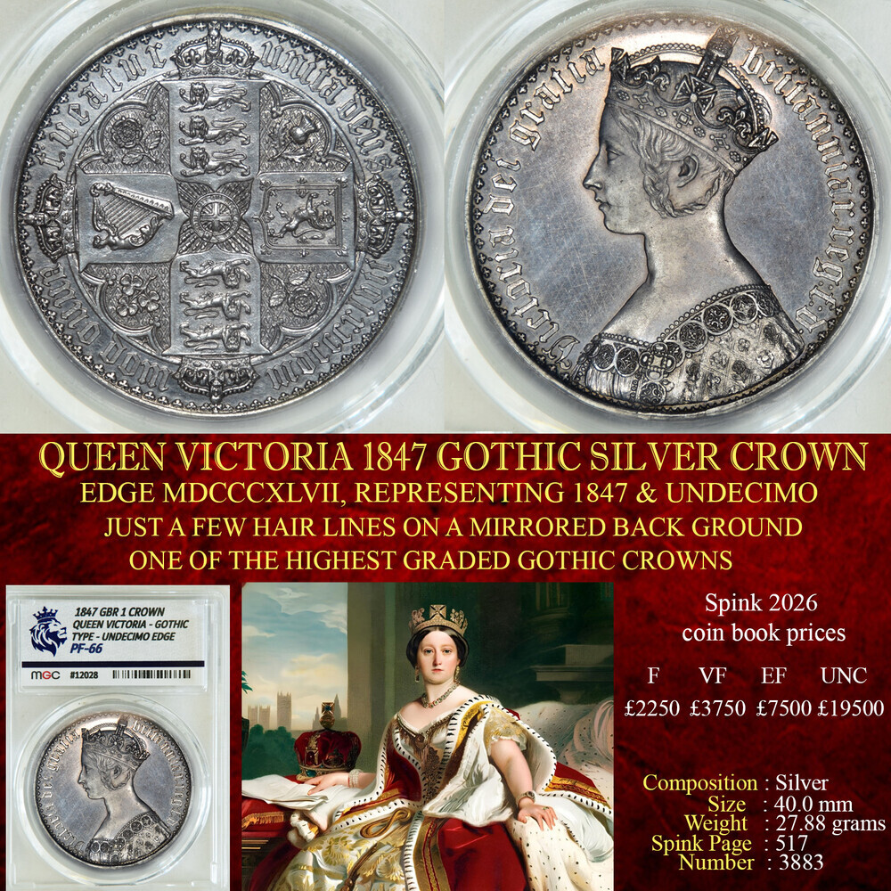 MUST SEE QUEEN VICTORIA 1847 GOTHIC SILVER CROWN PR66