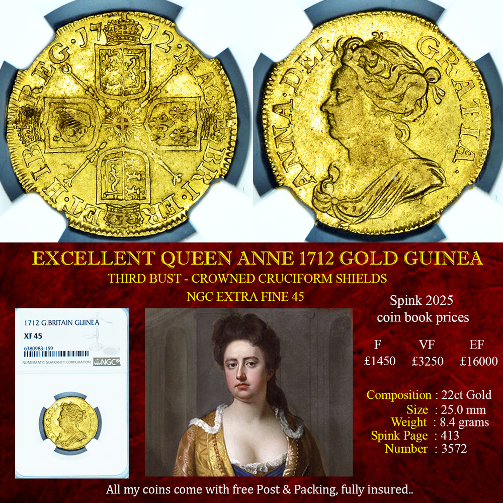 EXCELLENT QUEEN ANNE 1712 GOLD GUINEA