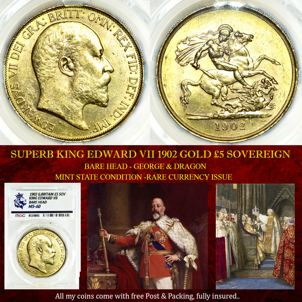 SUPERB KING EDWARD VII 1902 GOLD £5 SOVEREIGN MS60