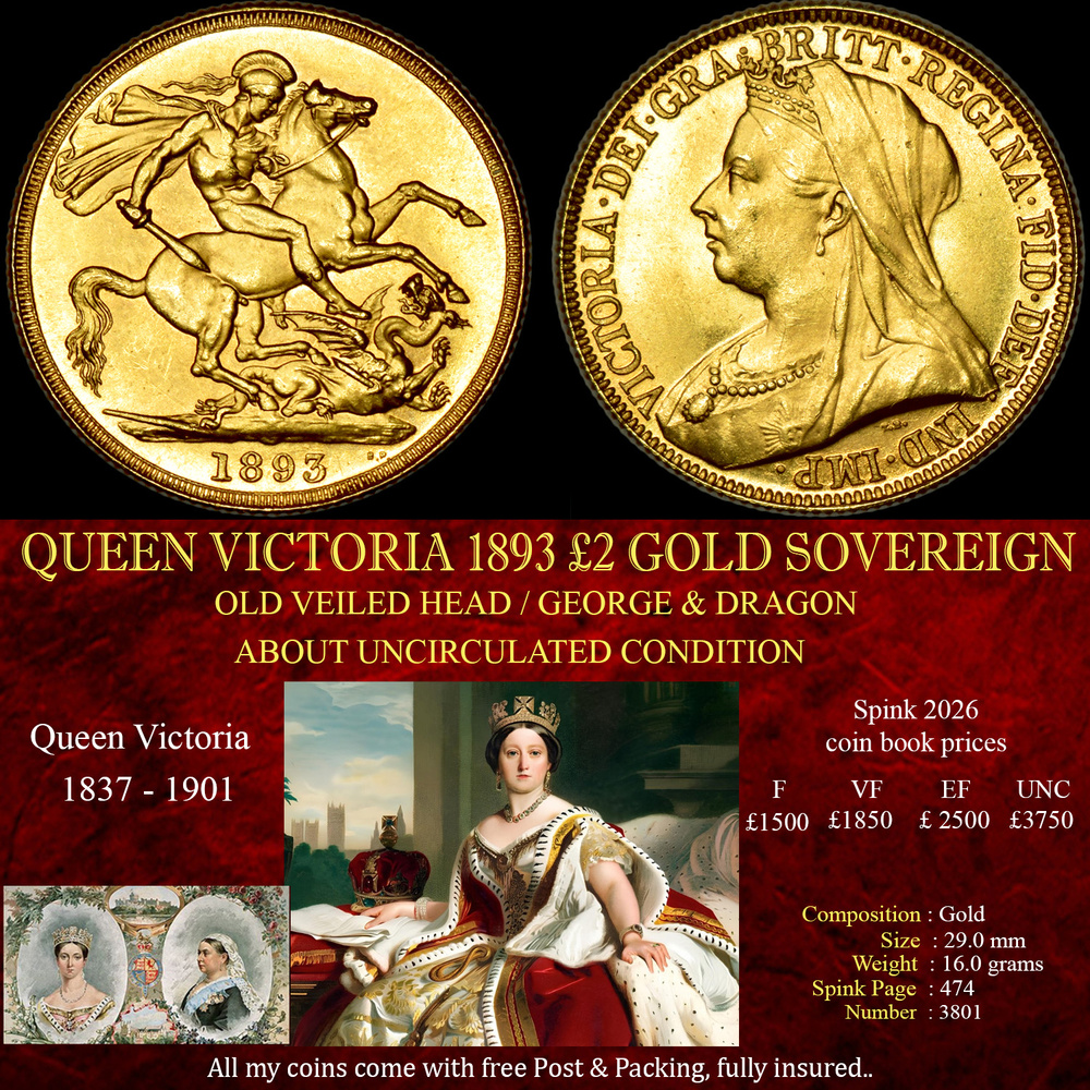 EXCELLENT QUEEN VICTORIA 1893 GOLD £2 SOVEREIGN