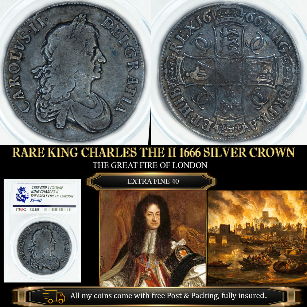 KING CHARLES THE II 1666 SILVER CROWN XF40