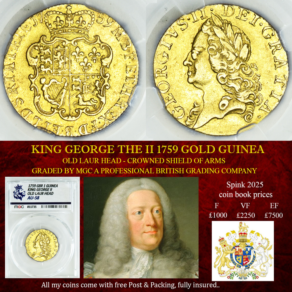 KING GEORGE THE II 1759 GOLD GUINEA - AU58