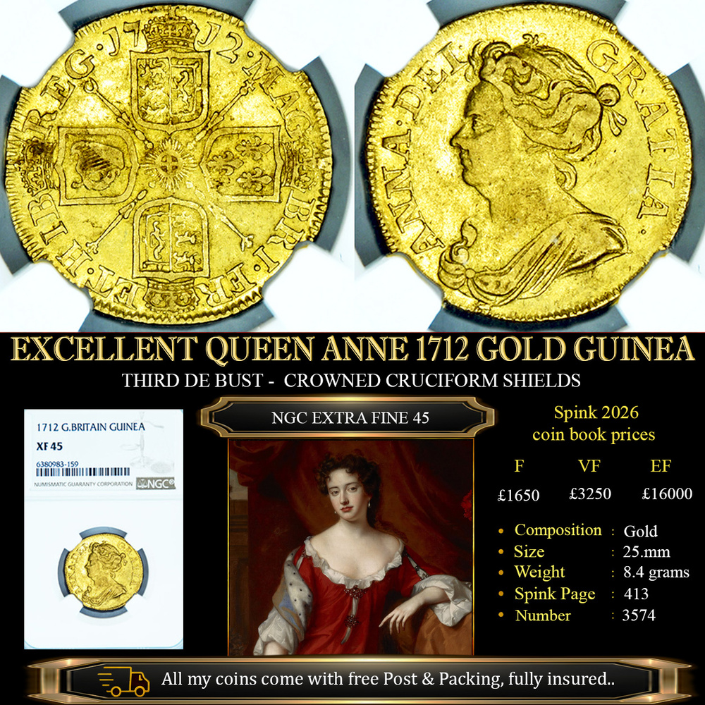 QUEEN ANNE 1712 GOLD GUINEA NGC EF45