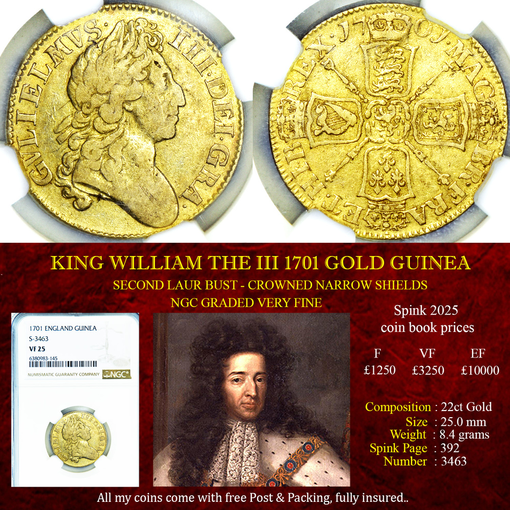 RARE KING WILLIAM THE III 1701 GOLD GUINEA