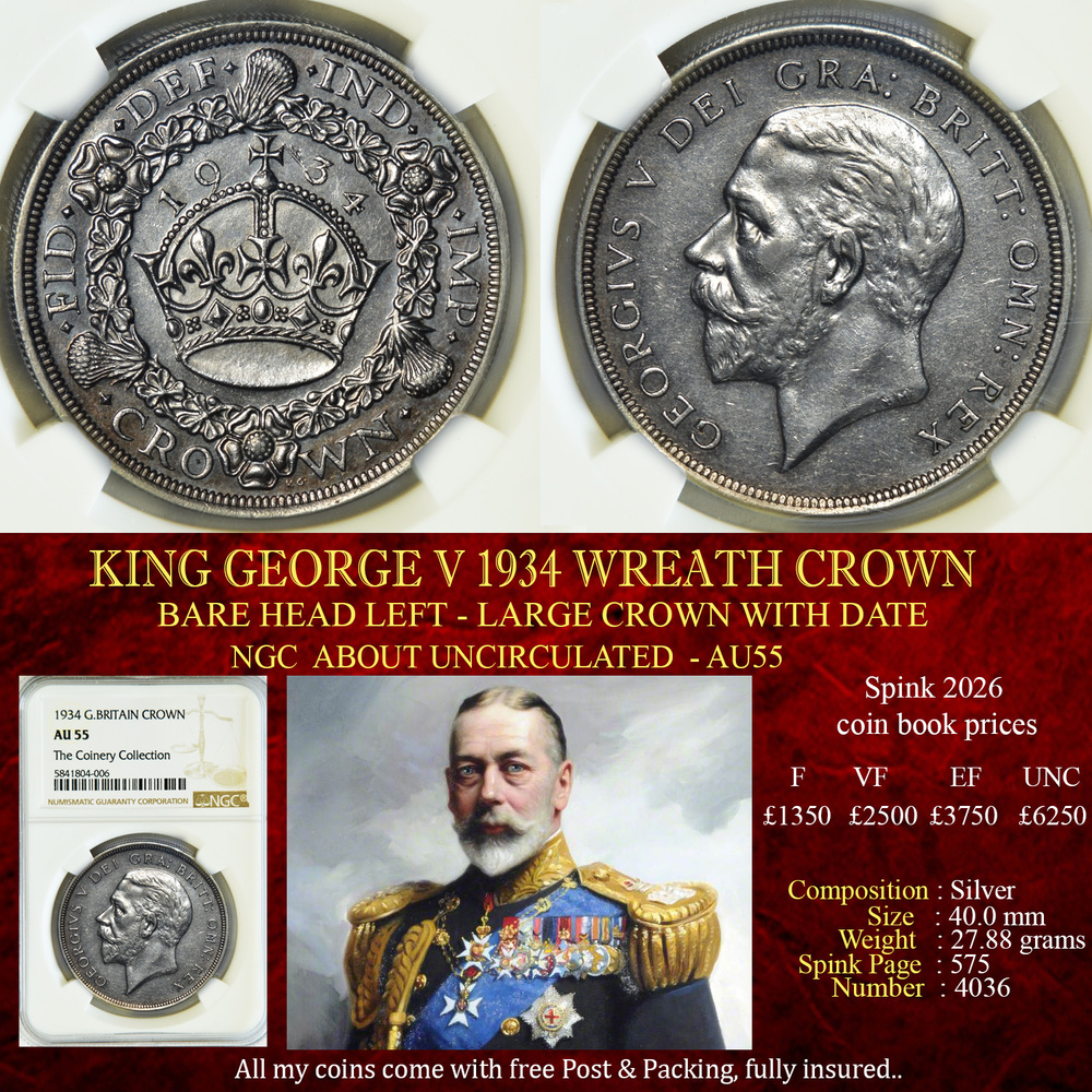 KING GEORGE V 1934 WREATH CROWN NGC AU55