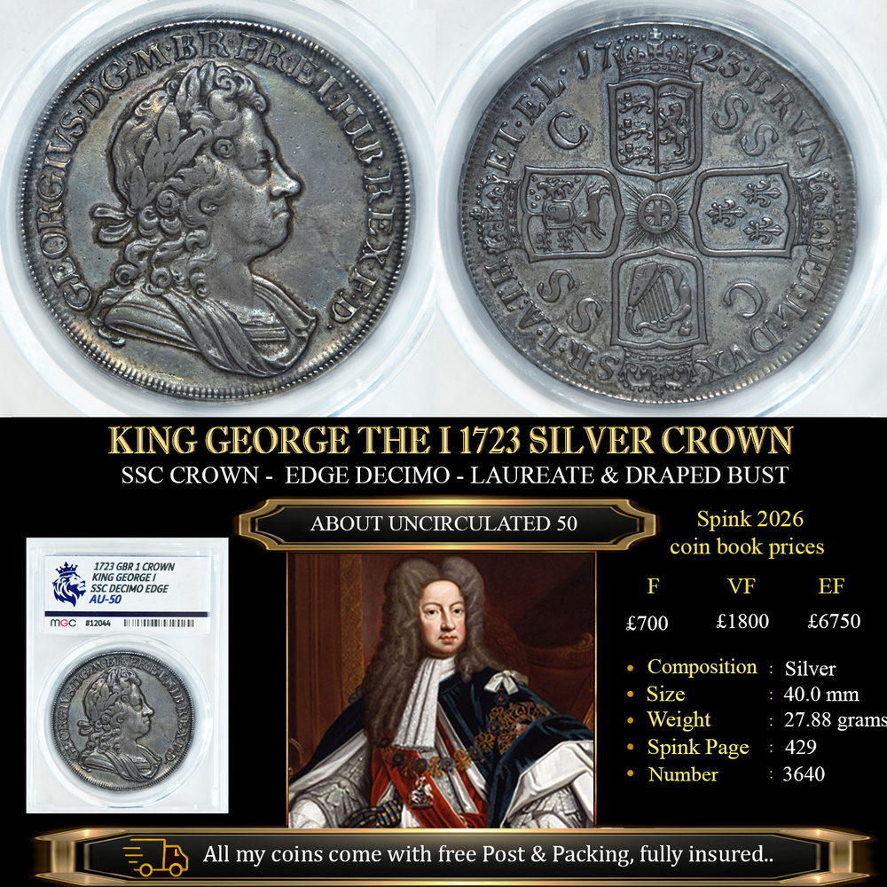 KING GEORGE THE I 1723 SILVER CROWN AU50