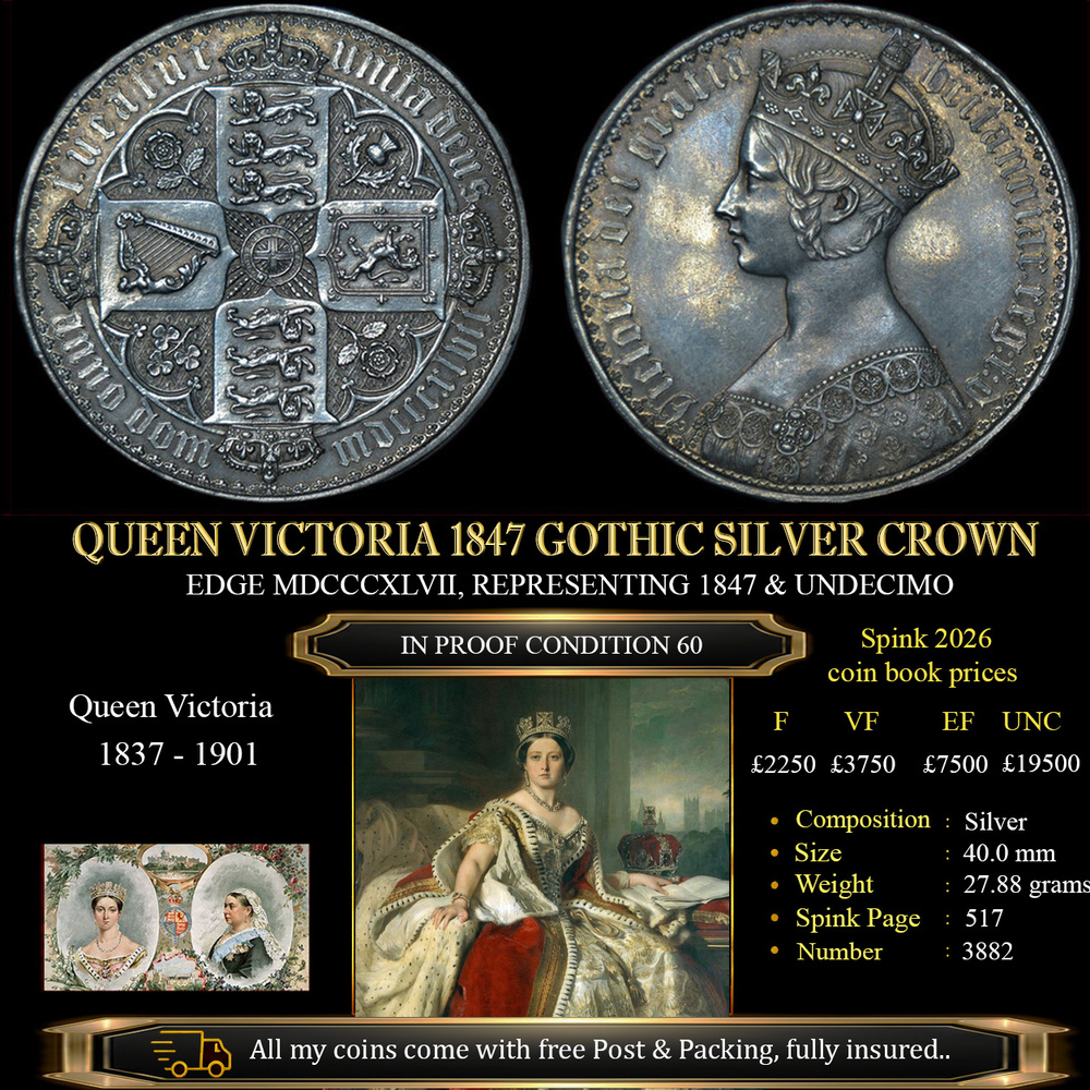 EXCELLENT QUEEN VICTORIA 1847 GOTHIC SILVER CROWN