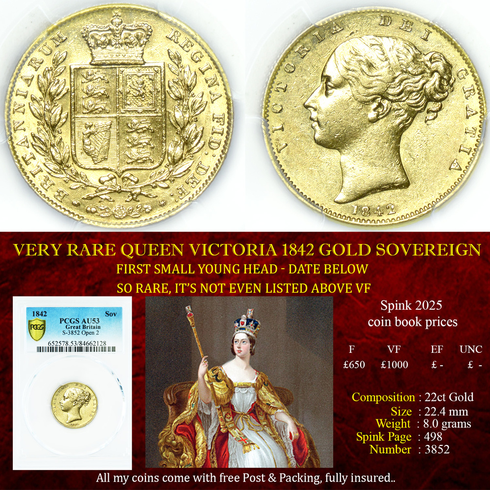 VERY RARE QUEEN VICTORIA 1842 GOLD SOVEREIGN