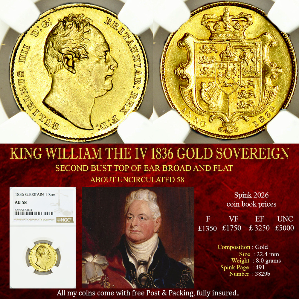 KING WILLIAM THE IV 1836 GOLD SOVEREIGN AU58