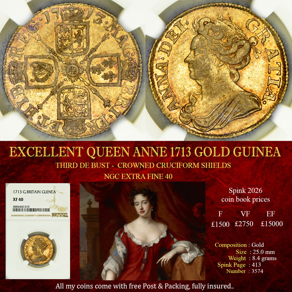 QUEEN ANNE 1713 FULL GOLD GUINEA LOVELY TONING