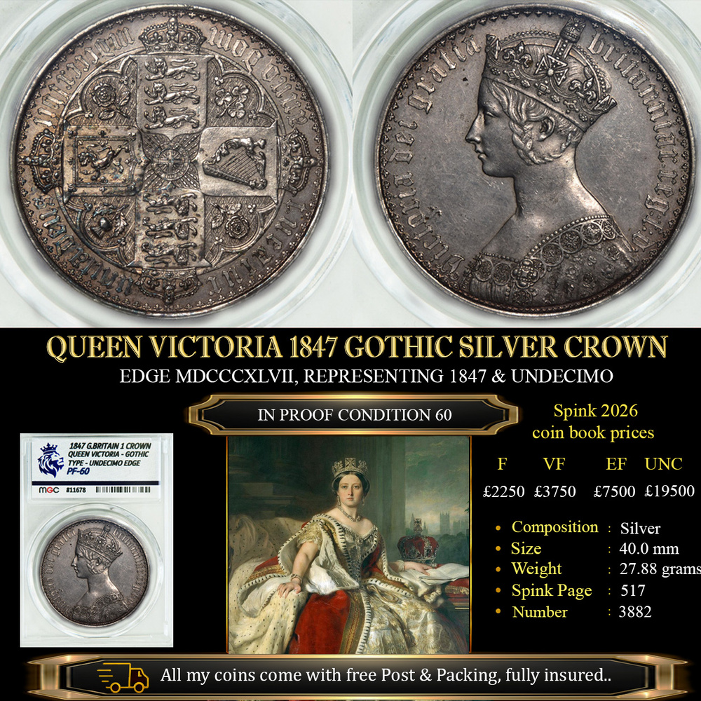 QUEEN VICTORIA 1847 GOTHIC SILVER CROWN PF60 £8750.00