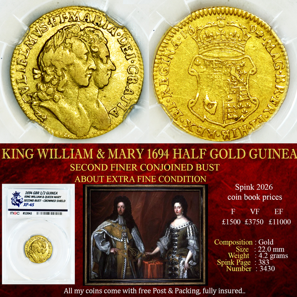 KING WILLIAM MARY 1694 HALF GOLD GUINEA XF45