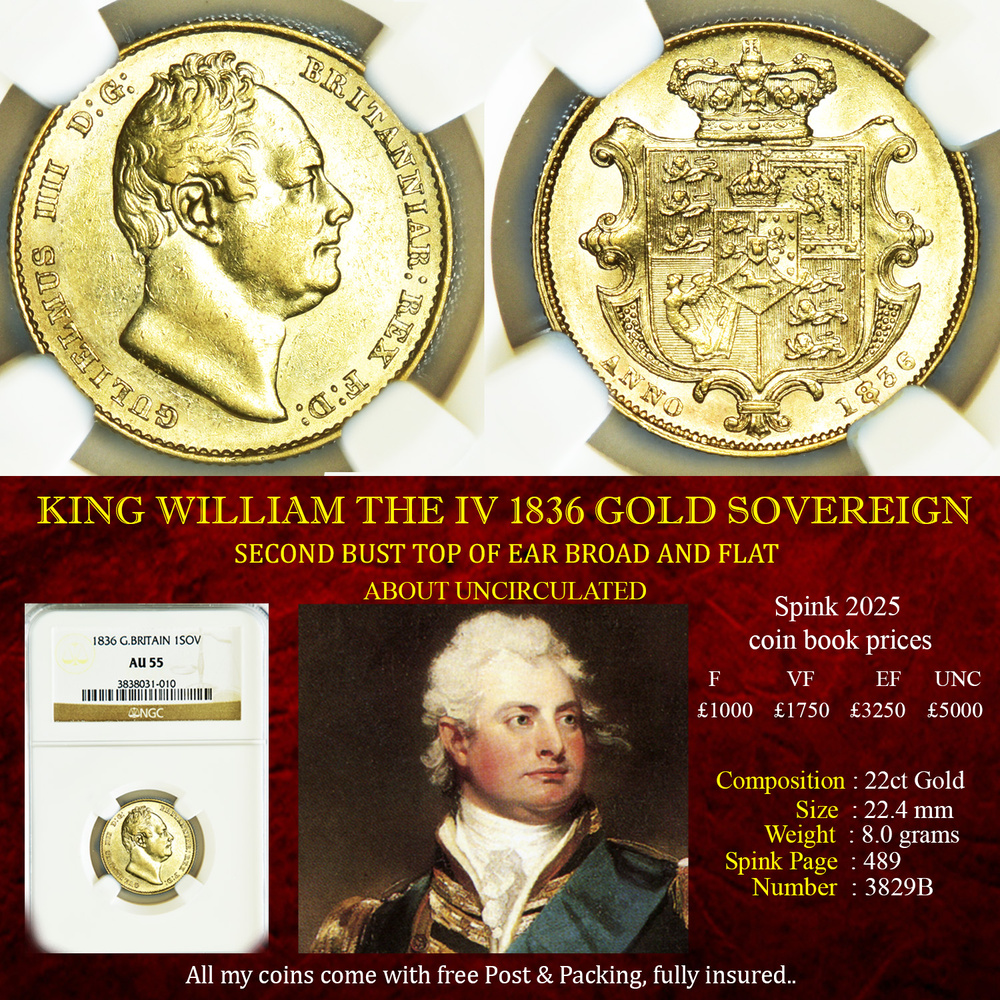 KING WILLIAM THE IV 1836 GOLD SOVEREIGN AU55