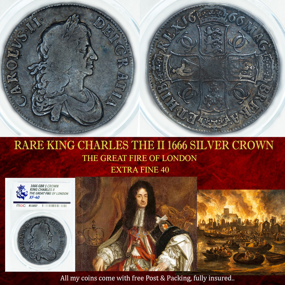 RARE KING CHARLES THE II 1666 SILVER CROWN XF40