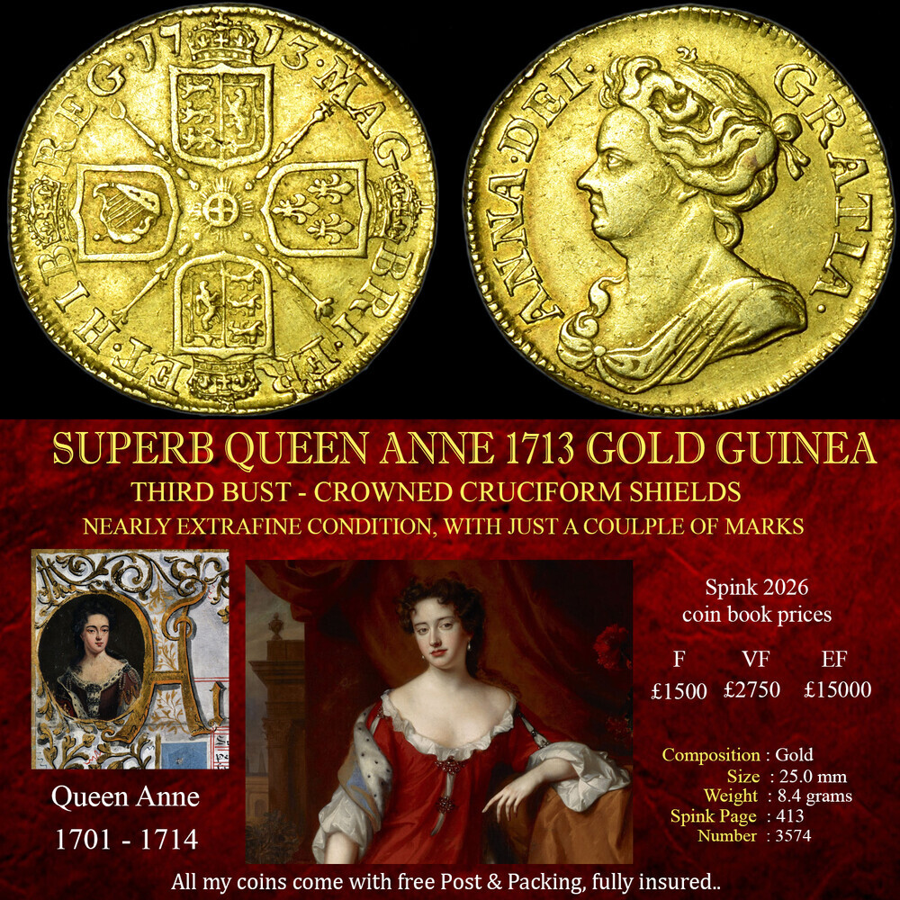 EXCELLENT QUEEN ANNE 1713 GOLD GUINEA