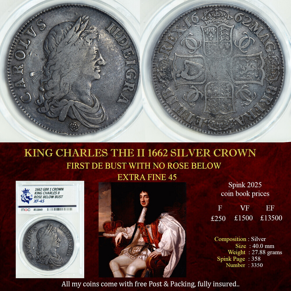 KING CHARLES THE II 1662 SILVER CROWN XF45