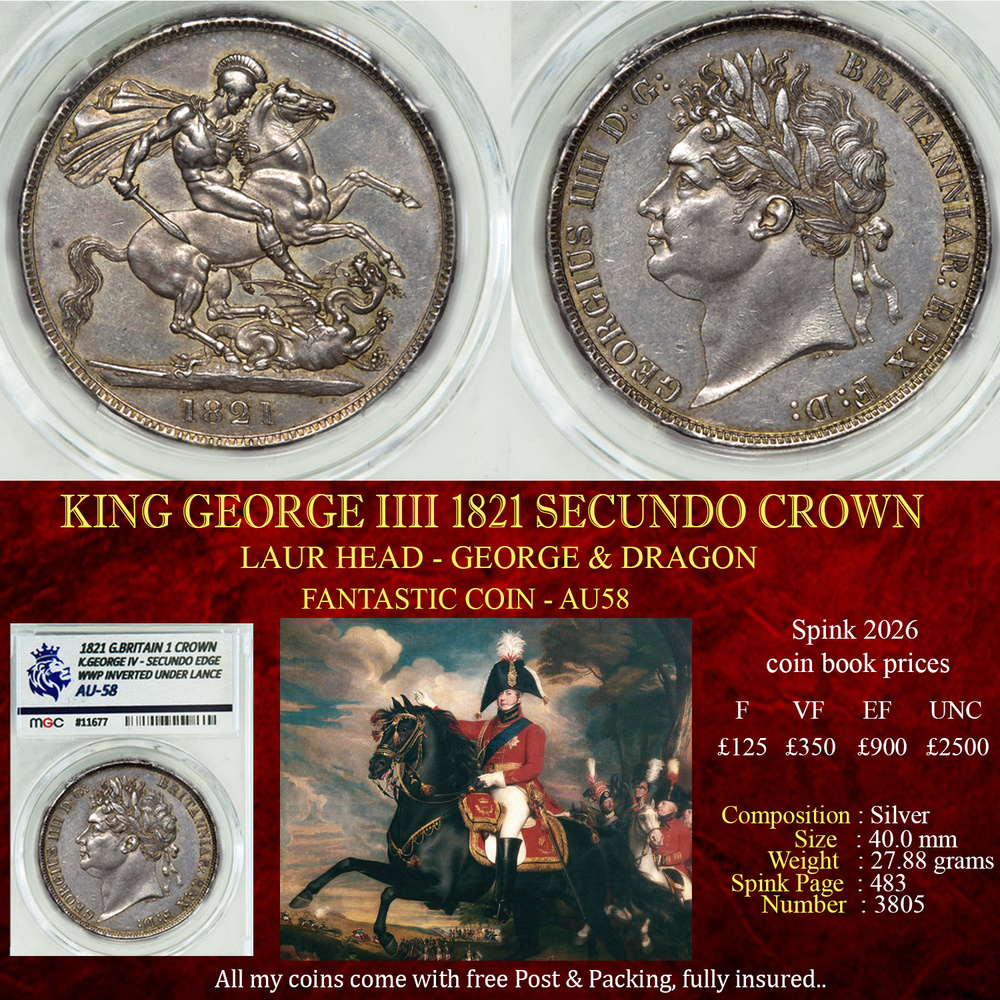NICE KING GEORGE IIII 1821 SECUNDO CROWN AU58