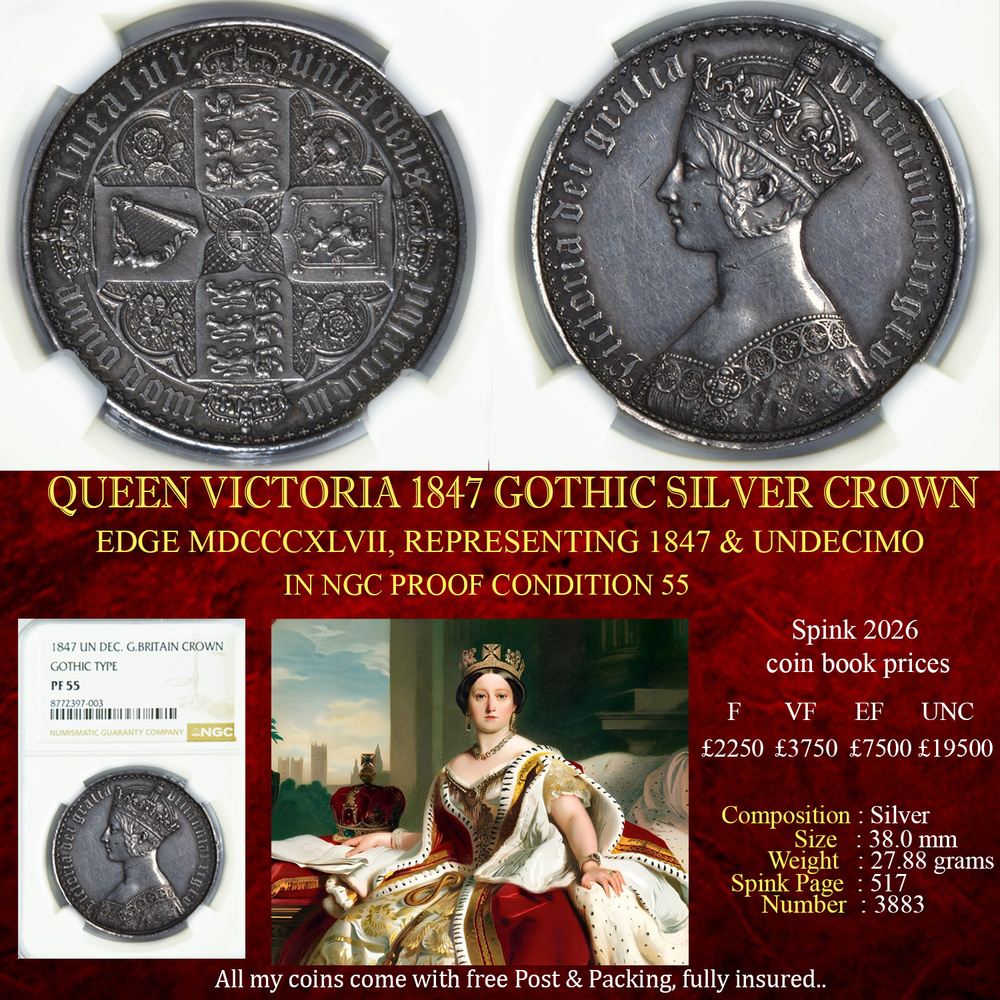 QUEEN VICTORIA 1847 GOTHIC SILVER CROWN NGC PF55