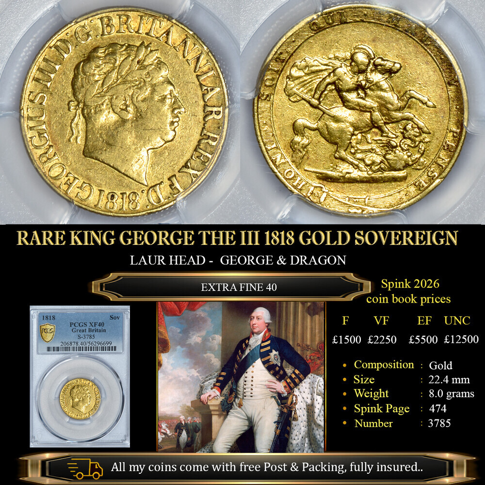 RARE KING GEORGE THE III 1818 GOLD SOVEREIGN PCGS XF40