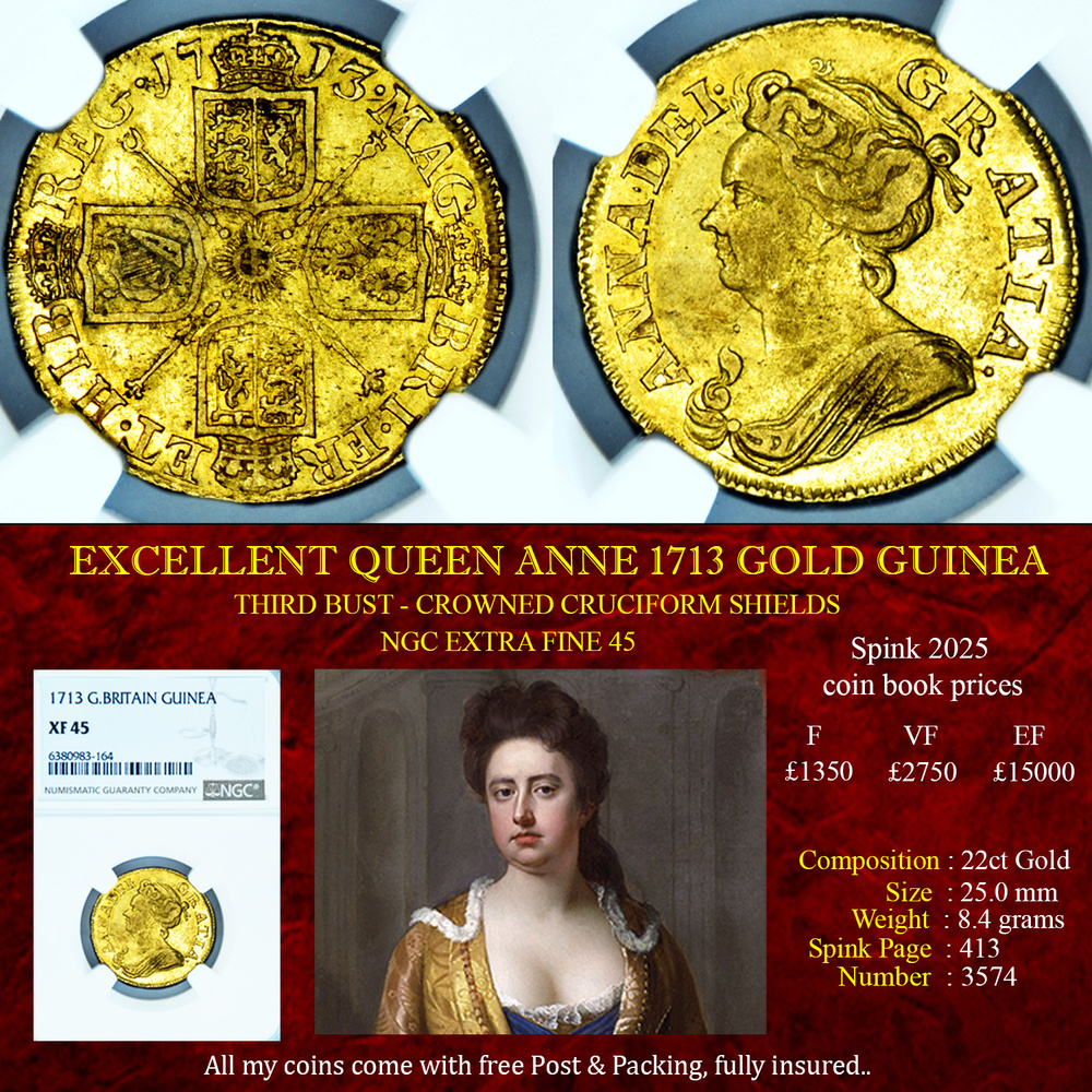LOVELY QUEEN ANNE 1713 FULL GOLD GUINEA