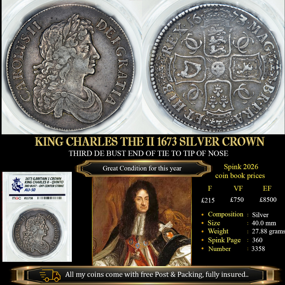 KING CHARLES THE II 1673 SILVER CROWN AU50