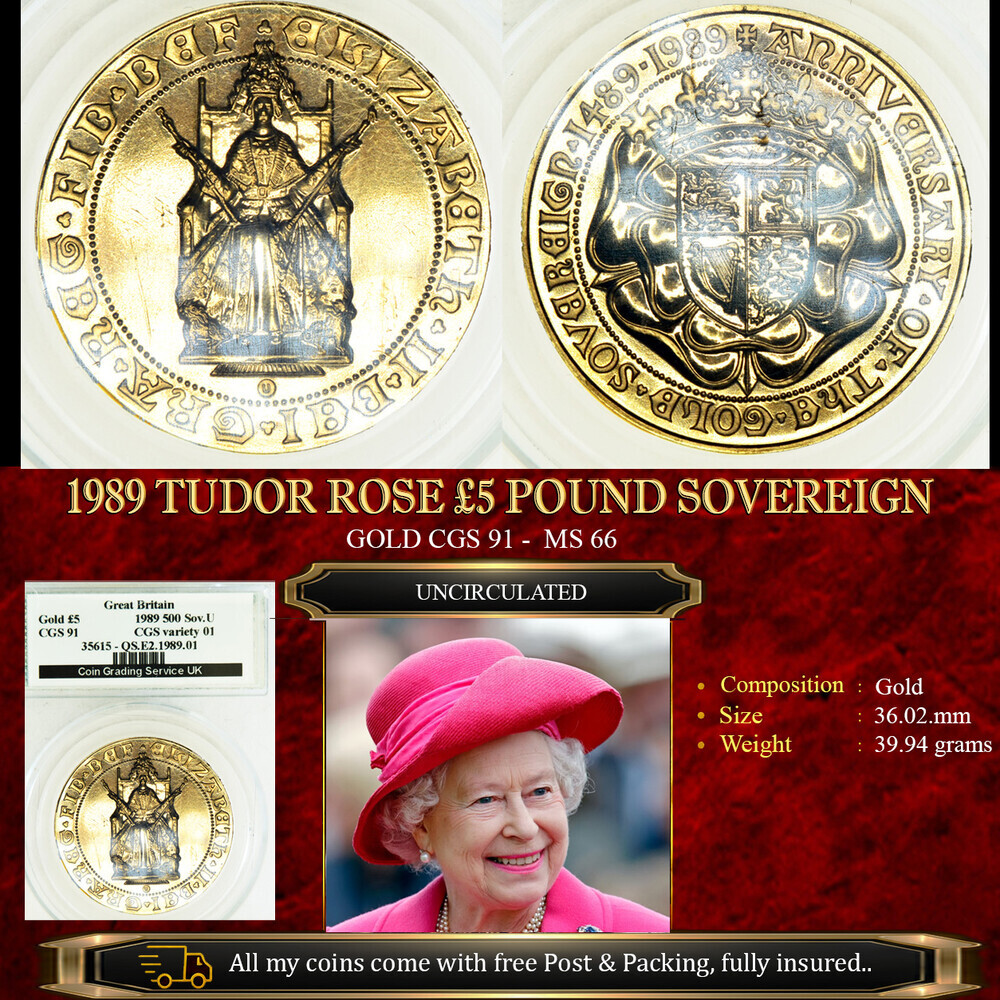 1989 TUDOR ROSE £5 GOLD SOVEREIGN MS66