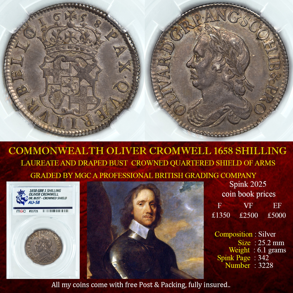 SUPERB OLIVER CROMWELL 1658 SHILLING AU58