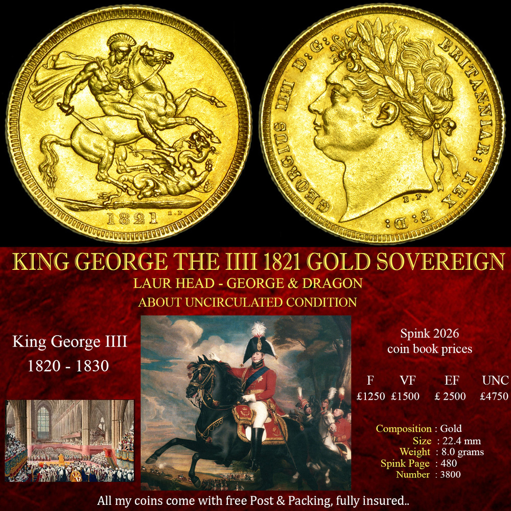 KING GEORGE THE IIII 1821 GOLD SOVEREIGN ABOUT UNC