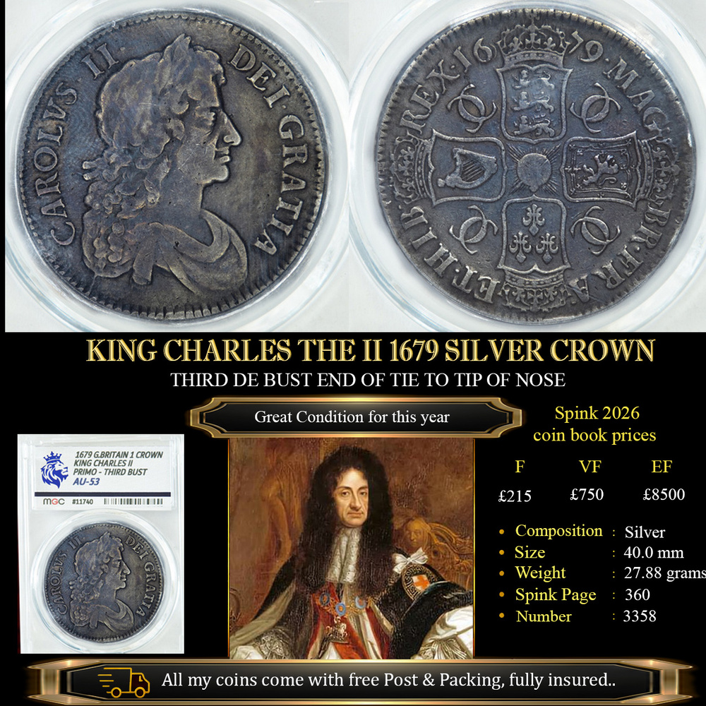 KING CHARLES THE II 1679 SILVER CROWN AU53